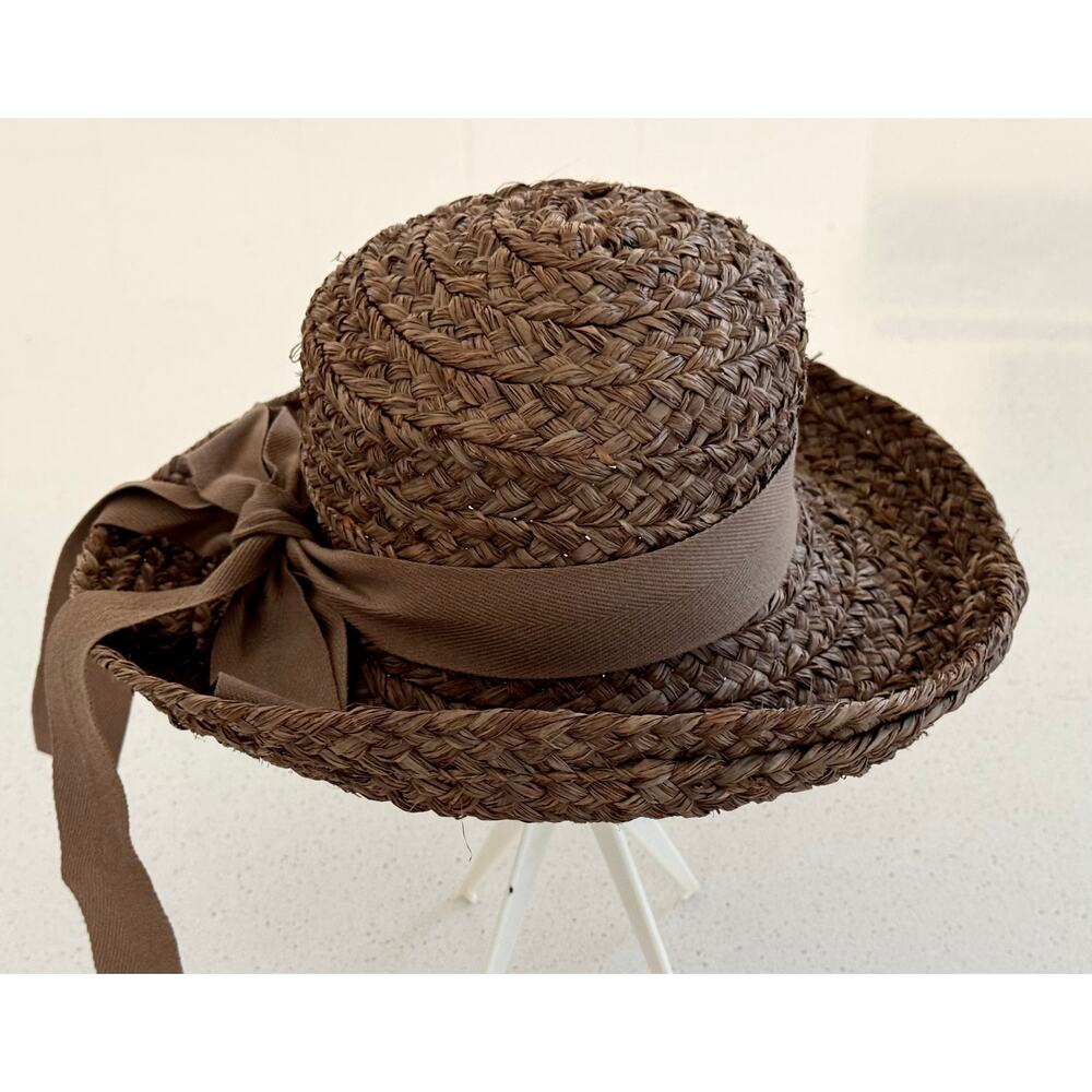 Helen Kaminski Newport Raffia Braid Boater Sun Hat Size 57 Nougat Brown Bow - Picture 6 of 6